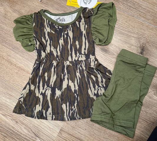 Bottomland Camo Flutter Sleeve Peplum and Short Set